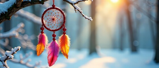 Naklejka premium Dream Catcher in Snowy Forest - AI Photorealistic Fantasy