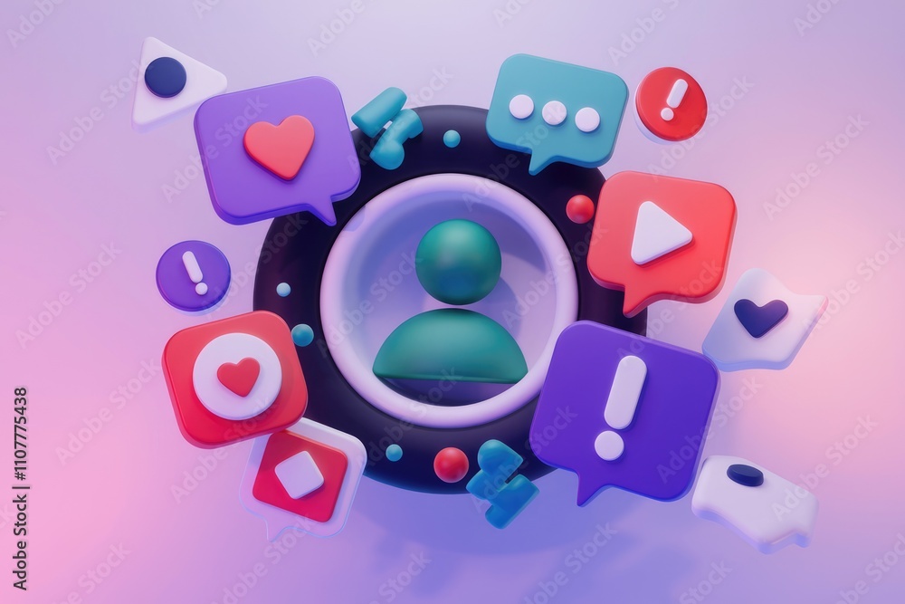 Aufkleber 3d render of social media icons around user profile.