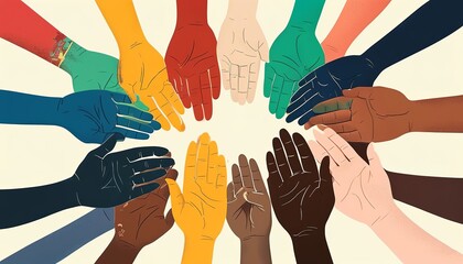 A circle of diverse hands, each representing a different ethnicity, coming together for human rights. Created with Generative AI Technology