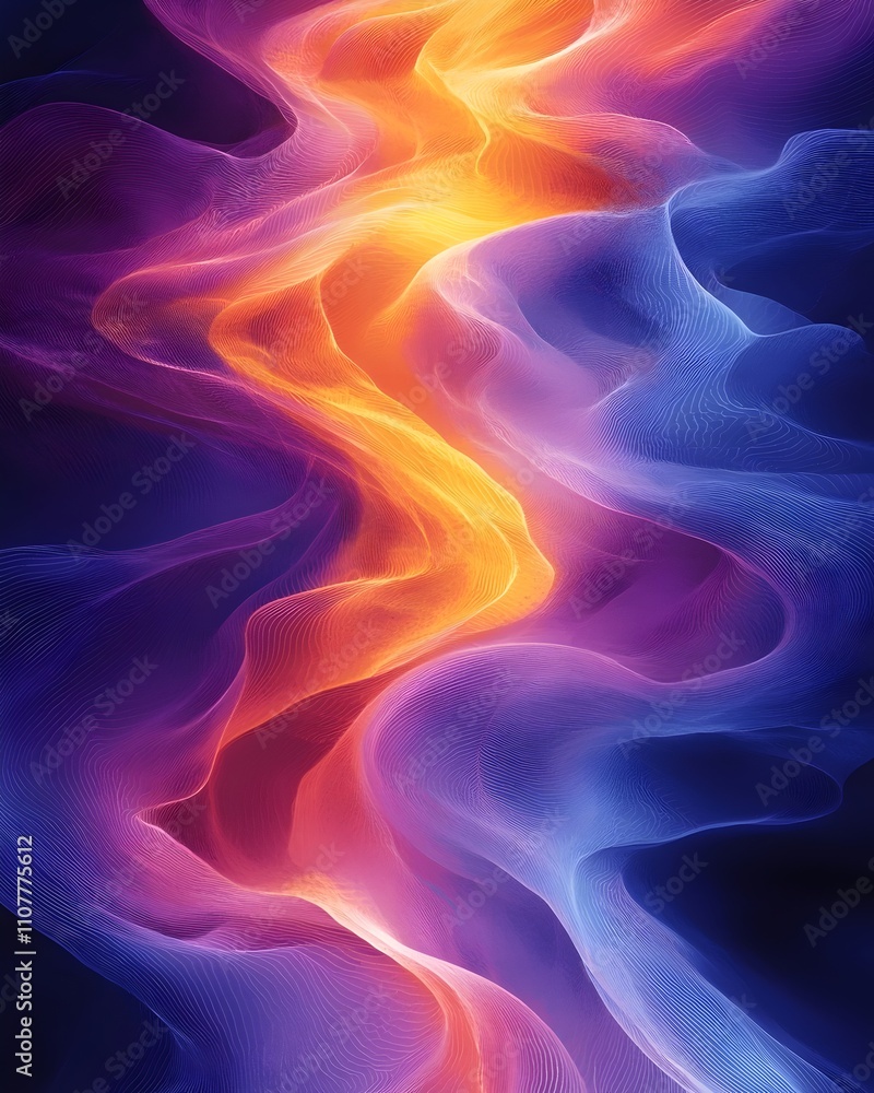Poster an abstract design featuring vibrant waves of orange, purple, and blue flowing seamlessly into one a