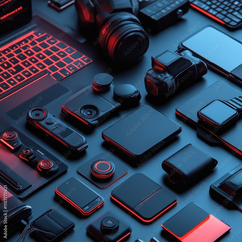 Poster flat lay of assorted modern tech gadgets and accessories on dark background with red accents.