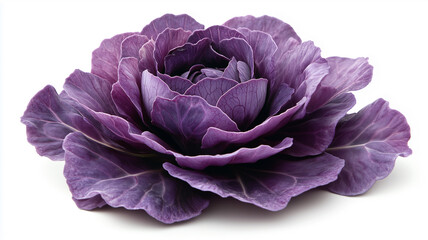 Obraz premium A realistic photograph of a purple red cabbage flower against a white background, showing the intricate details of its textured leaves. The top portion is fully focused,