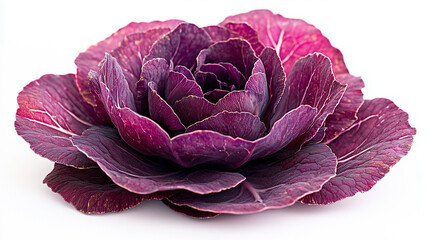 Obraz premium A realistic photograph of a purple red cabbage flower against a white background, showing the intricate details of its textured leaves. The top portion is fully focused,