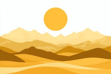 Serene Desert Landscape with Stylized Mountains and Large Sun in Warm Yellow Tones Ideal for Backgrounds, Illustrations, and Digital Designs Focusing on Nature and Tranquility