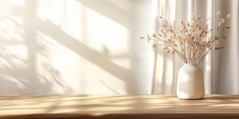 Wooden table white vase it is filled dried Empty beautiful wood tabletop