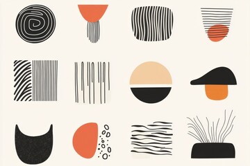 Artisan simplistic abstract components: vintage series. Chic contemporary striped line illustrations, geometric forms in black and white. Design for decoration, wall art, and wallpaper