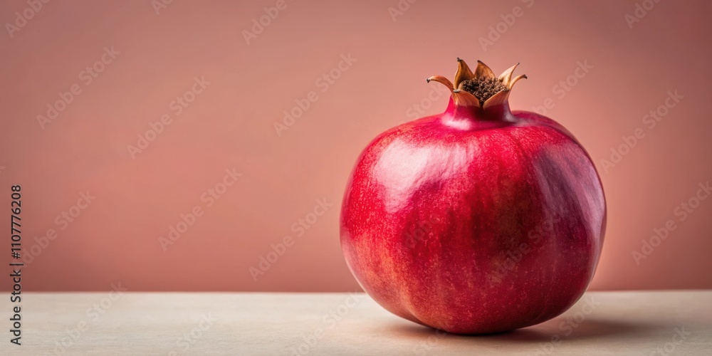Poster a single ripe pomegranate, with a smooth red skin, sits on a white table against a soft peach backgr