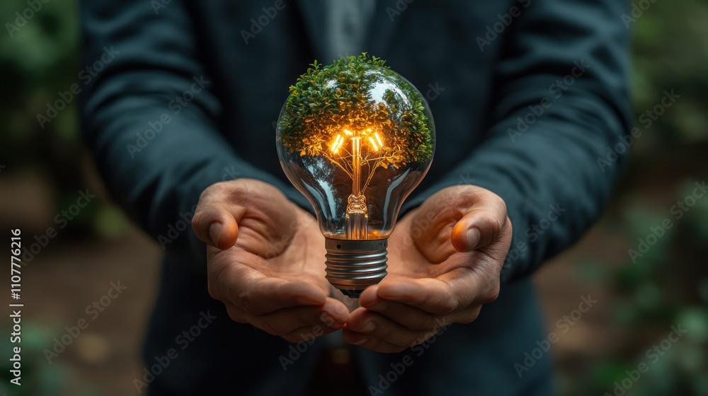 Poster a man holds an electric light bulb with tree inside and an energy saving rating sign to tell custome