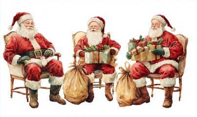 Santa Claus sitting with a gift list and sack in three poses. Hand-painted watercolor clip art, perfect for Christmas cards and festive decorations 2026 - 2027.