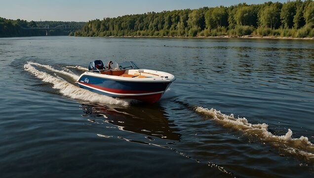 Motorboat on Dnipro River in Kyiv, sunny day.