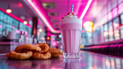Naklejka premium A retro diner scene at night, neon lights illuminating the counter where a milkshake and a basket of onion rings sit, vibrant colors, nostalgic atmosphere