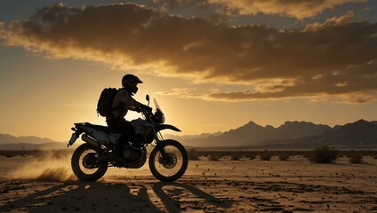 Obraz premium Motorcyclist silhouette in the desert.
