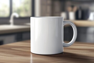 Fototapeta premium Close-up white ceramic mug wooden table has handle cup of coffee