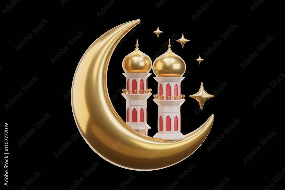 Poster 3d rendering of golden crescent moon with mosque minarets and stars symbolizing islam and ramadan