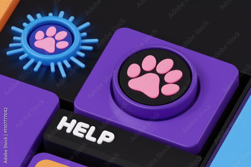 Aufkleber 3D render of a help button with a pink paw print  symbolizing pet assistance