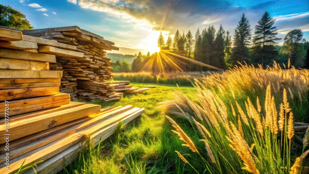 Aufkleber a stack of wooden boards resting in a field of tall grass as the sun sets over a forest in the dista