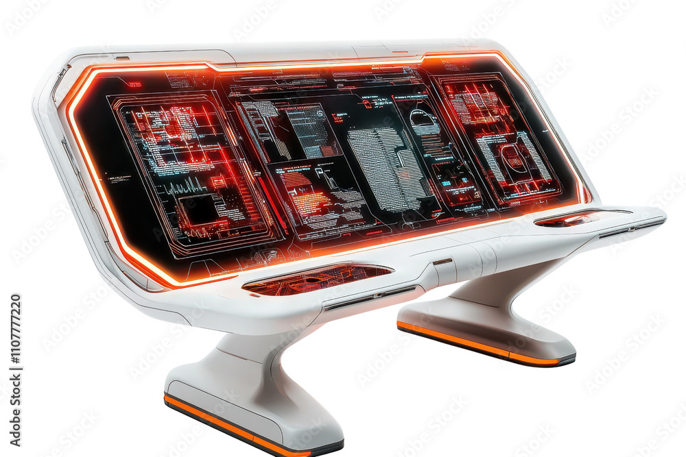 Poster a futuristic interactive console featuring glowing panels and intricate circuit designs, designed fo