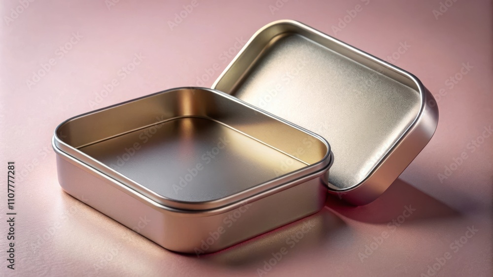 Poster an empty silver metal tin box with a lid partially open on a pink surface. the box is ready to be fi