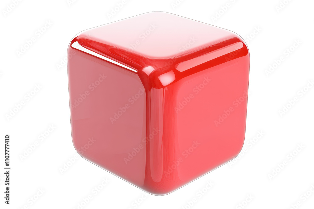 Poster a shiny red cube with smooth edges and a glossy surface, showcasing its geometric shape.
