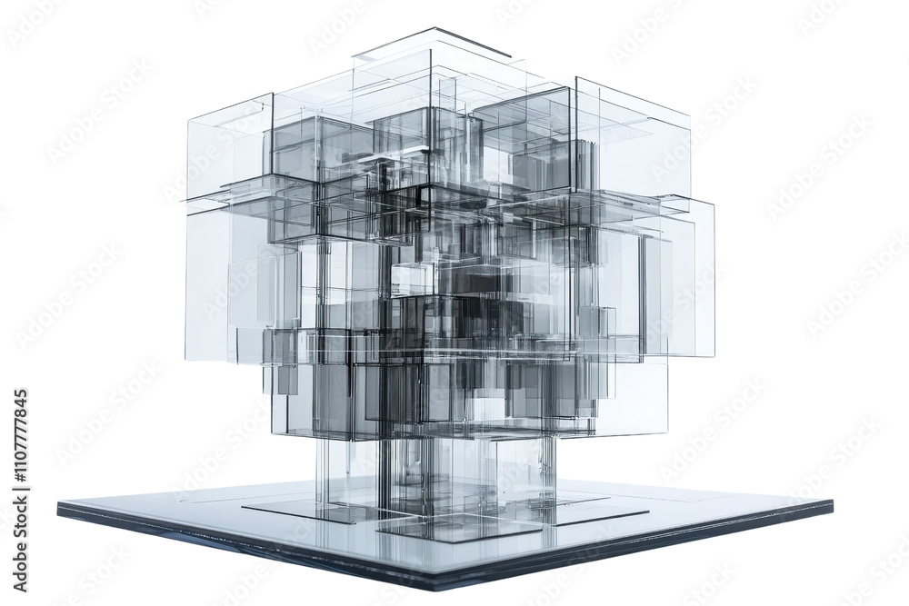 Poster a complex, abstract structure composed of interlocking geometric shapes, showcasing intricate detail