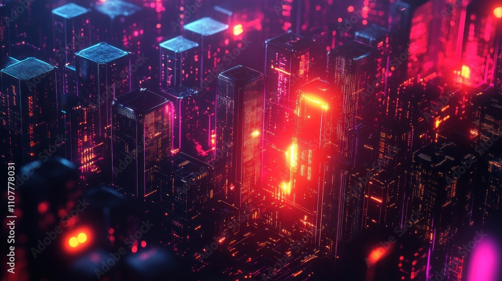 Poster here's a possible and keyword list for your image.. futuristic city glowing at night.