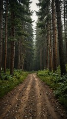 Obraz premium Mountain dirt road through a forest landscape.