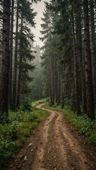 Obraz premium Mountain dirt road through a forest landscape.