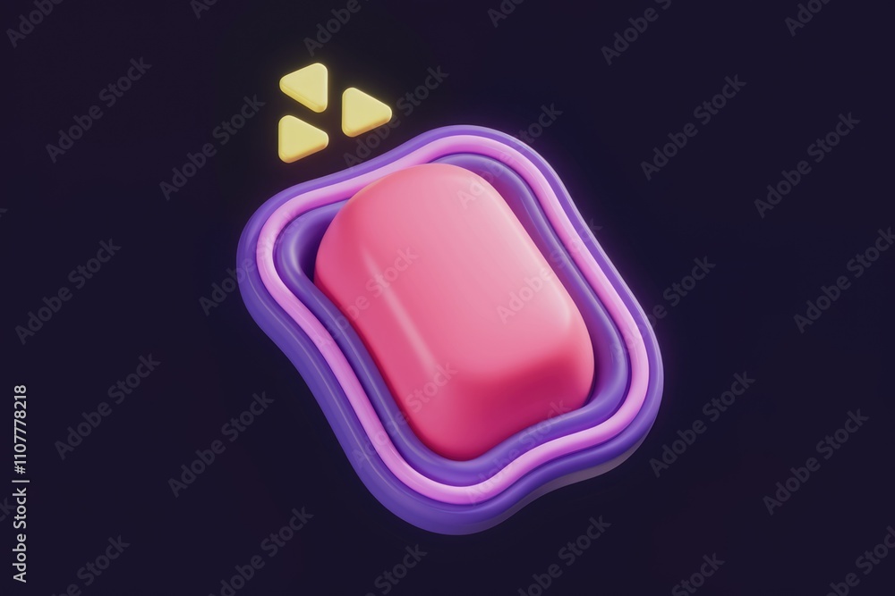 Fototapete abstract 3d render of a pink block within purple and pink wavy frame with yellow triangles above