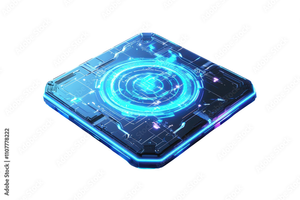 Poster a futuristic holographic device with a glowing circular interface, showcasing intricate patterns and