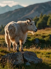 Naklejka premium Mountain goat on a stone in a sunlit meadow.
