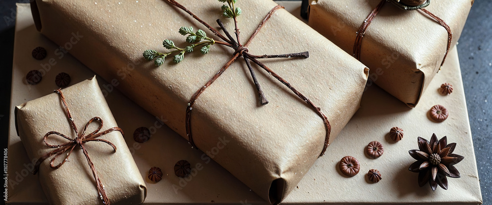 Poster a stack of brown boxes with ribbons and pinecones on top. the pinecones are arranged in a circle and