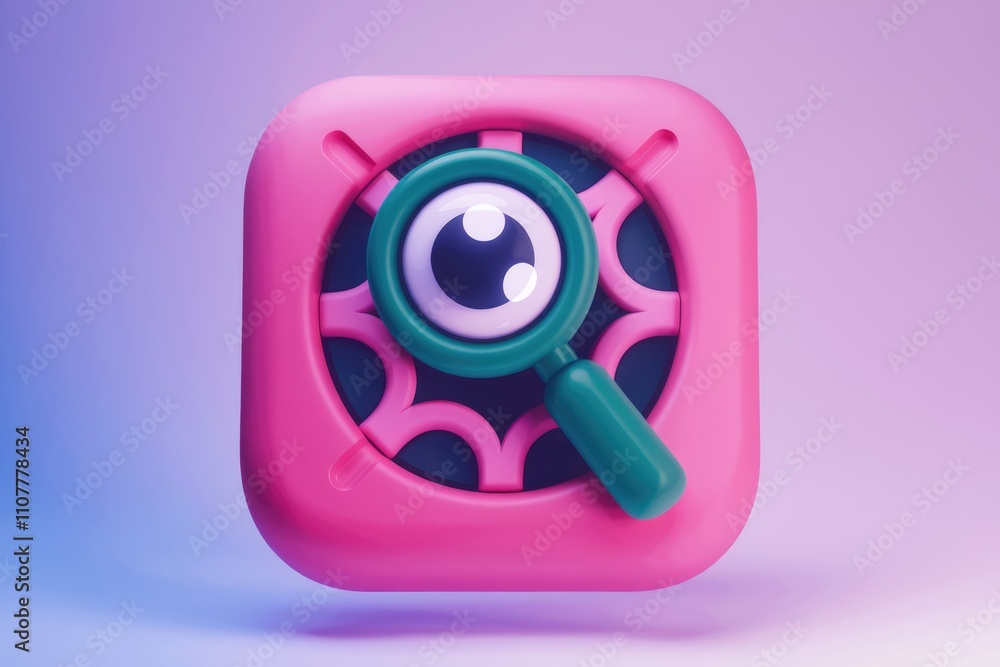 Poster pink app icon with magnifying glass and eye symbolizing search.