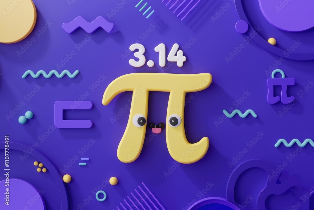 Poster cute 3d pi character celebrating pi day with vibrant geometric shapes