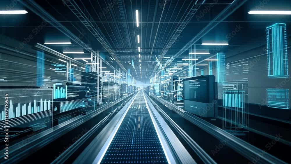 Poster futuristic digital corridor glowing lines and data visualization showcasing advanced technology and 