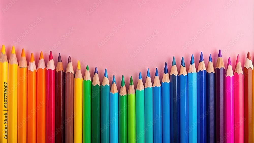 Poster a vibrant row of colored pencils arranged on a pastel pink background, showcasing a spectrum of colo