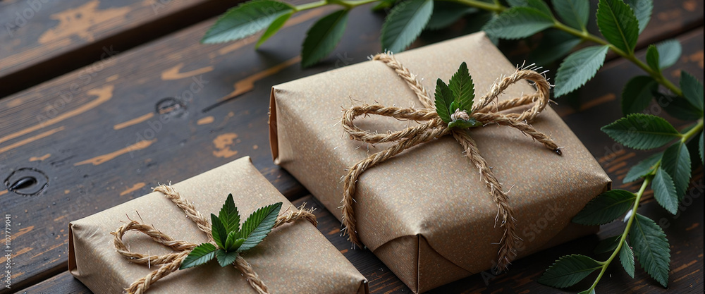 Poster a stack of brown boxes with ribbons and pinecones on top. the pinecones are arranged in a circle and