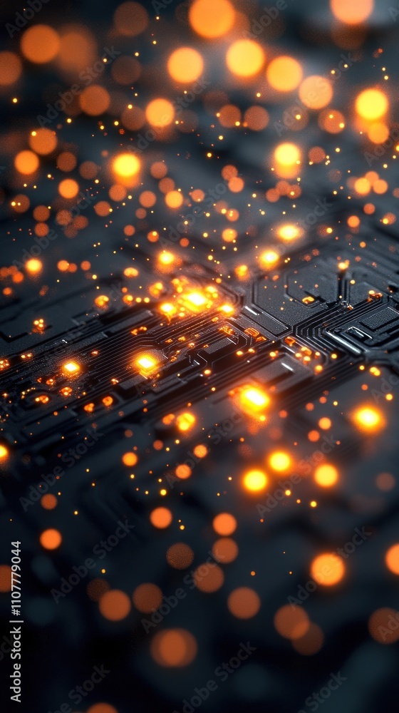 Poster abstract glowing circuit board with bokeh lights.