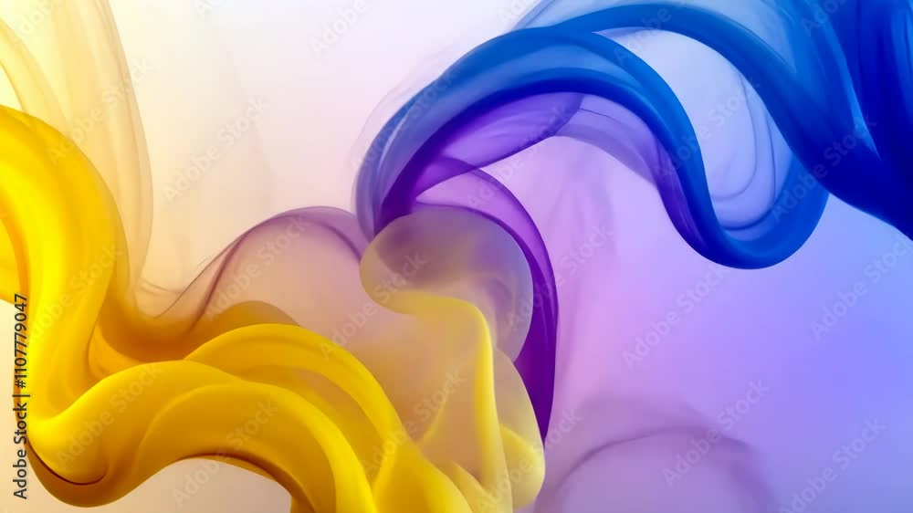 Poster colorful flowing abstract patterns blend shades of yellow and purple against a light background crea