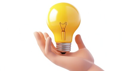 A realistic 3D-rendered hand holding a glowing yellow light bulb, symbolizing ideas and creativity.