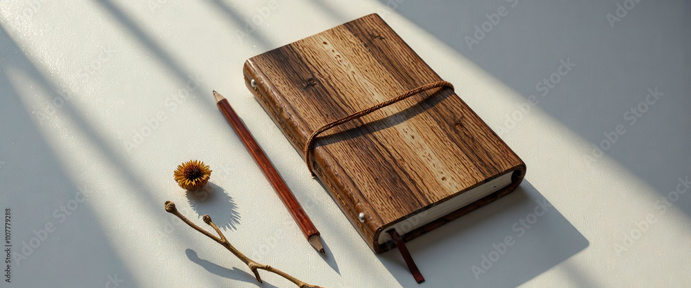 Poster a wooden notebook with a pencil on top of it. the notebook is open to a blank page. the pencil is sh