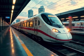 Fototapeta premium Fast Train Motion Blur, Depth, Dramatic Lighting, Realistic Photo