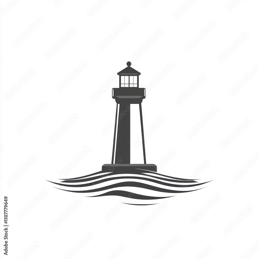 Poster here's a description and keywords for the image.. simple lighthouse icon in grayscale, standing on w