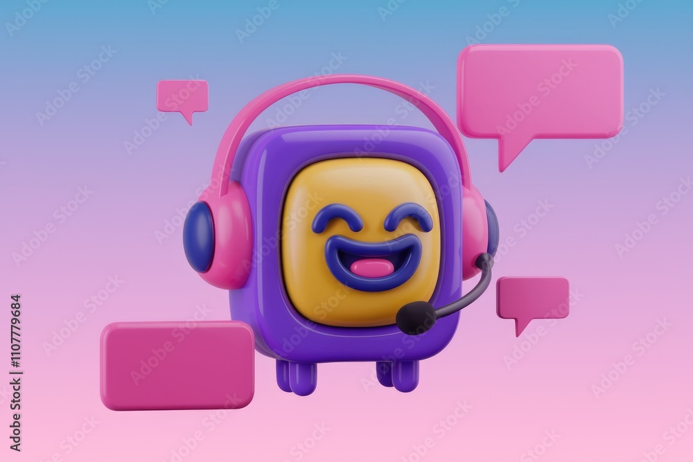 Poster happy 3d emoji with headset in communication setting.