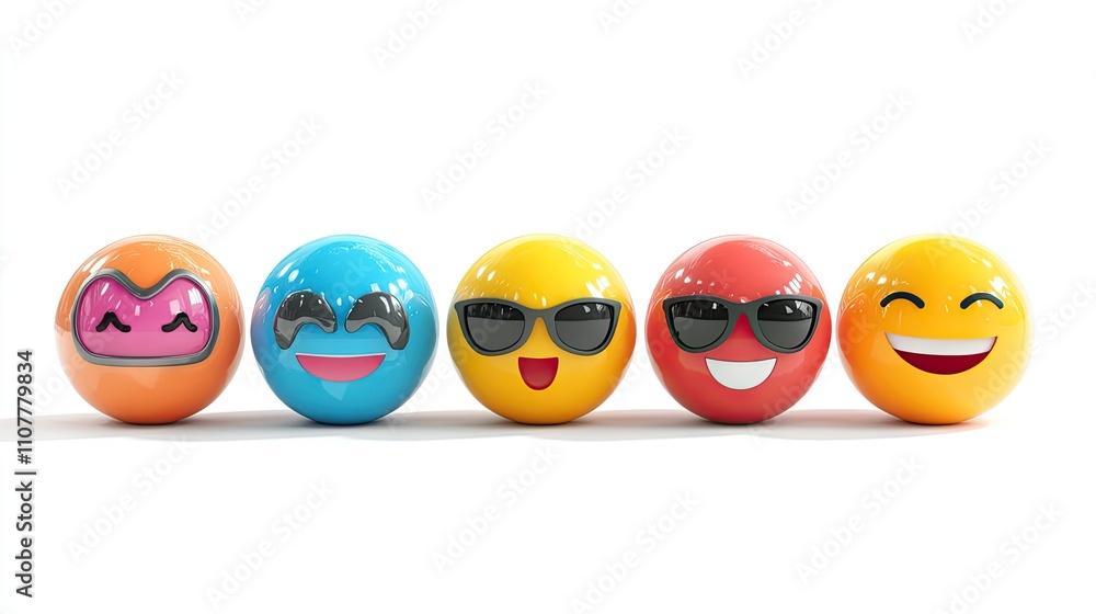 Poster colorful emoji balls displaying various cheerful expressions, perfect for adding fun and vibrancy.