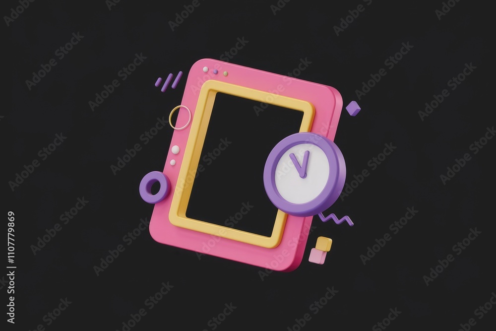 Aufkleber 3D render of a pink and yellow frame with a clock  representing time management or scheduling