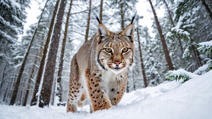 Obraz premium Lynx Stealthily Prowling Through Snowy Forest with Grace and Precision