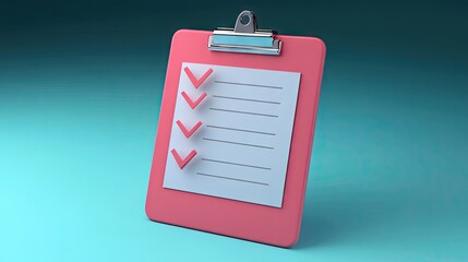 A pink clipboard with a checklist, featuring three check marks on a white sheet against a teal background.