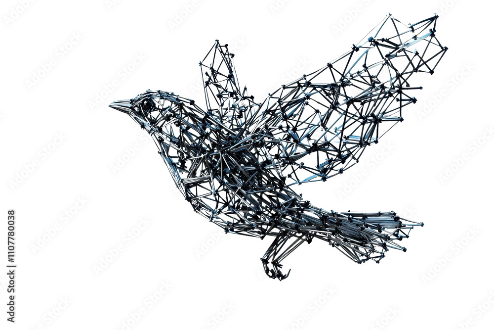 Poster a stylized bird constructed from geometric lines and shapes, conveying a sense of movement and creat