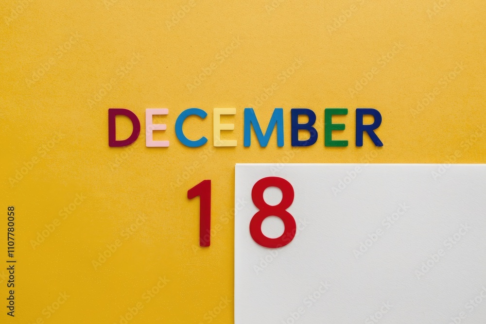 Poster december 18th displayed with colorful letters on a yellow background