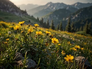 Fototapeta premium Mountain meadow with yellow flowers.